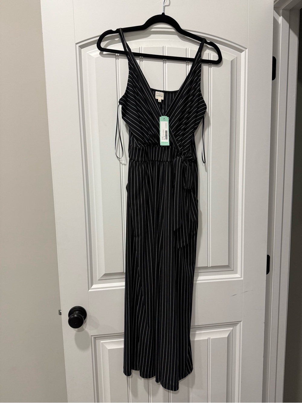 Kaileigh Black Pinstripe Wrap Jumpsuit